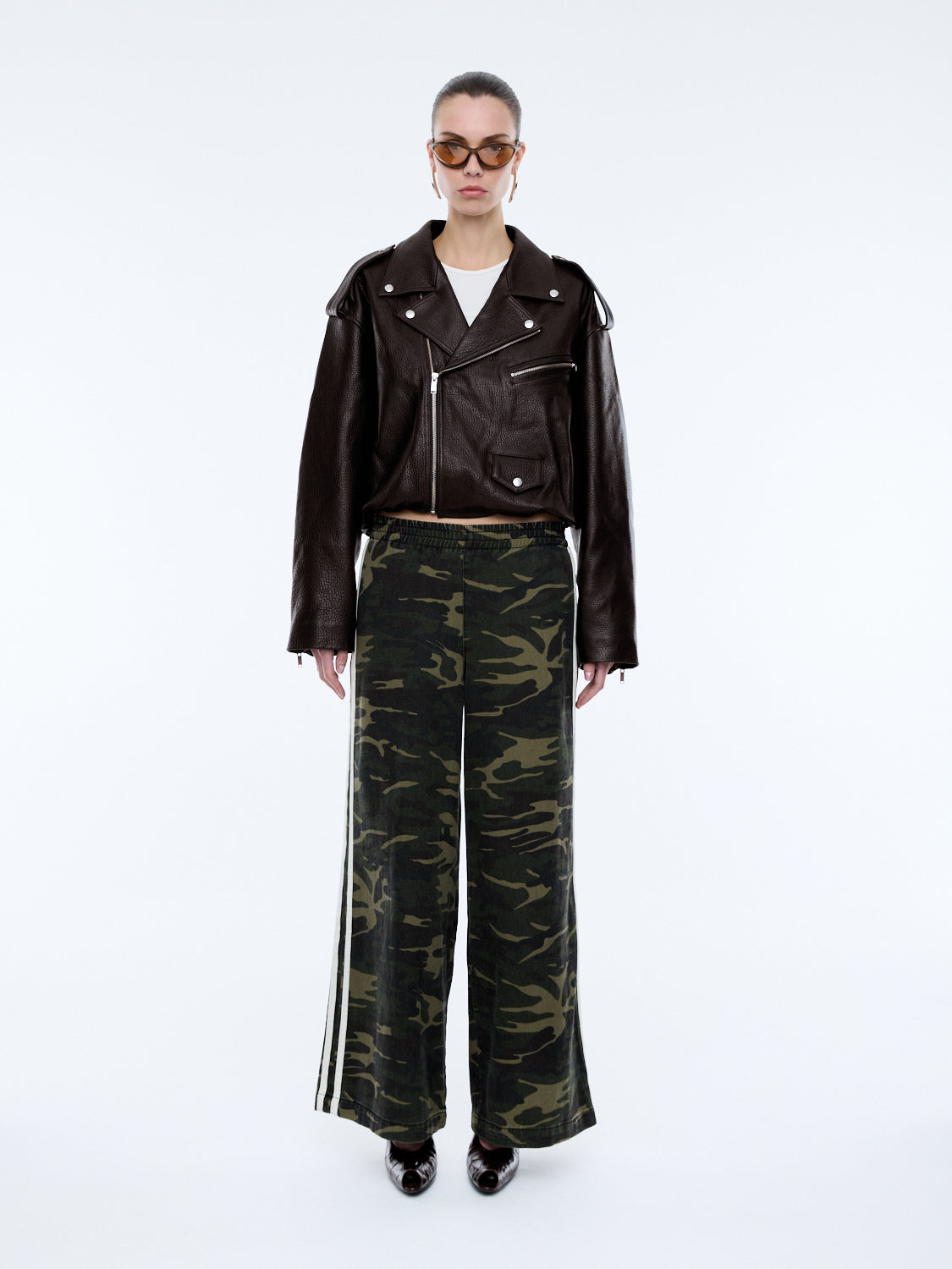 ENA LEATHER BOMBER BIKER JACKET - Chocolate