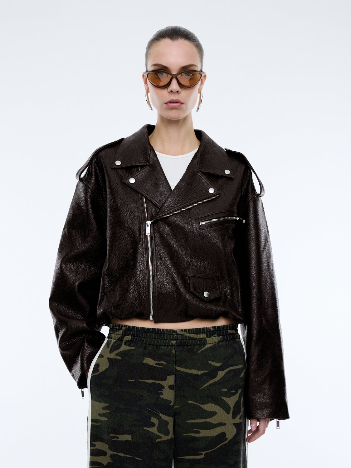 ENA LEATHER BOMBER BIKER JACKET - Chocolate