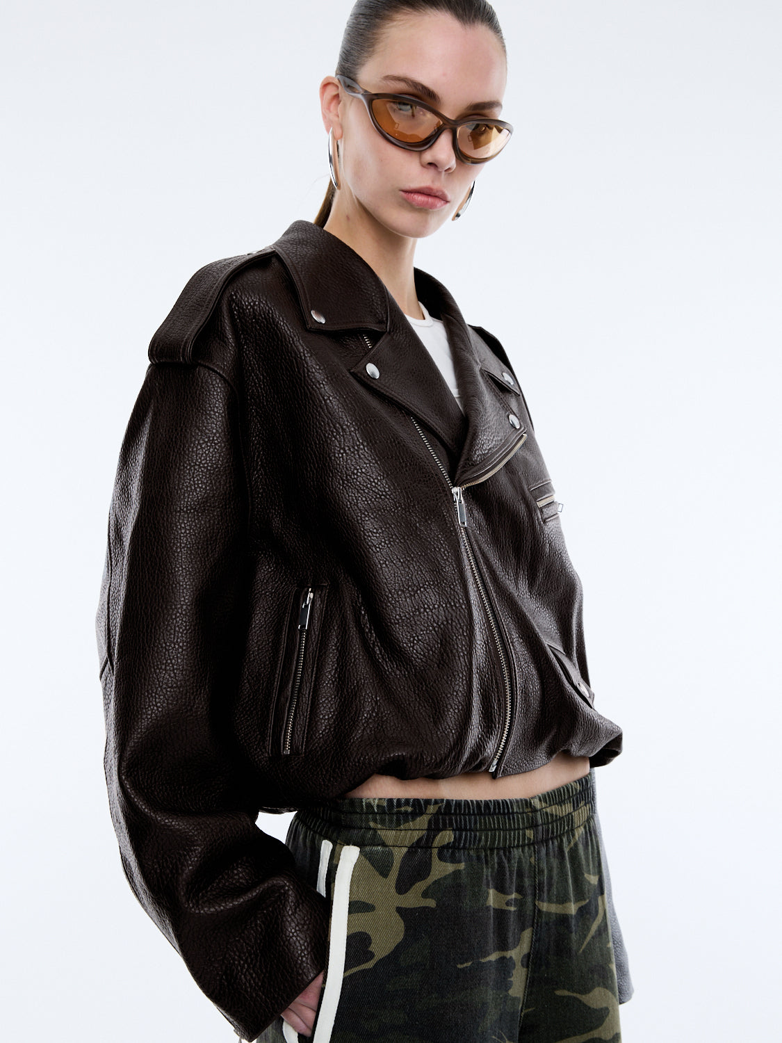 ENA LEATHER BOMBER BIKER JACKET - Chocolate