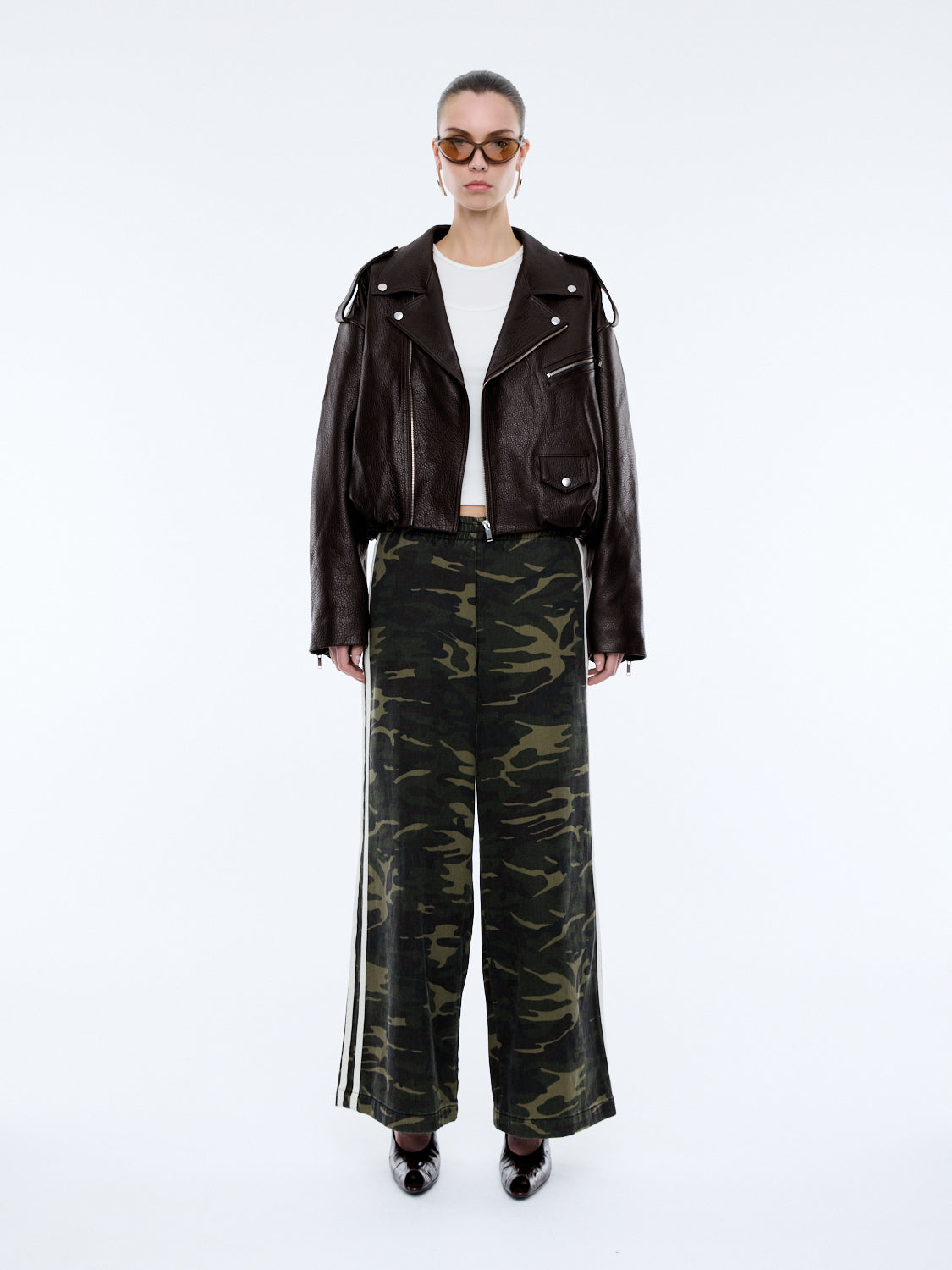 ENA LEATHER BOMBER BIKER JACKET - Chocolate
