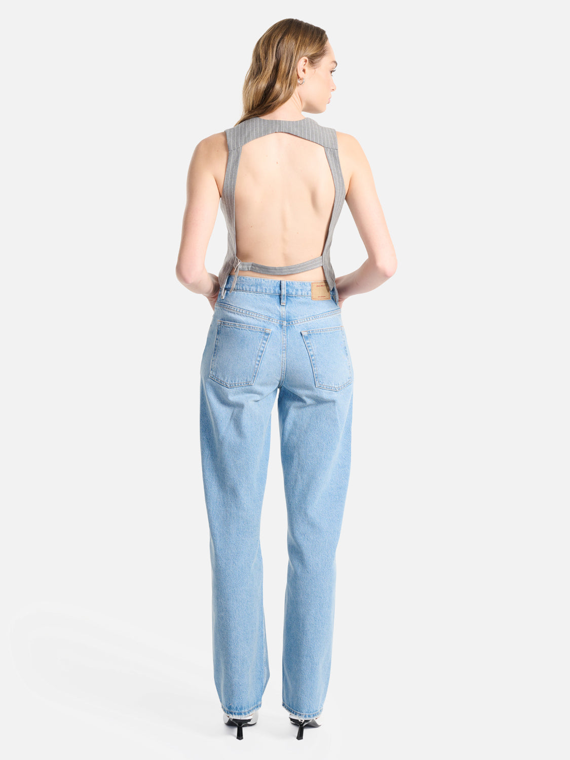 Serena Backless Waist Coat - Grey Pin Stripe