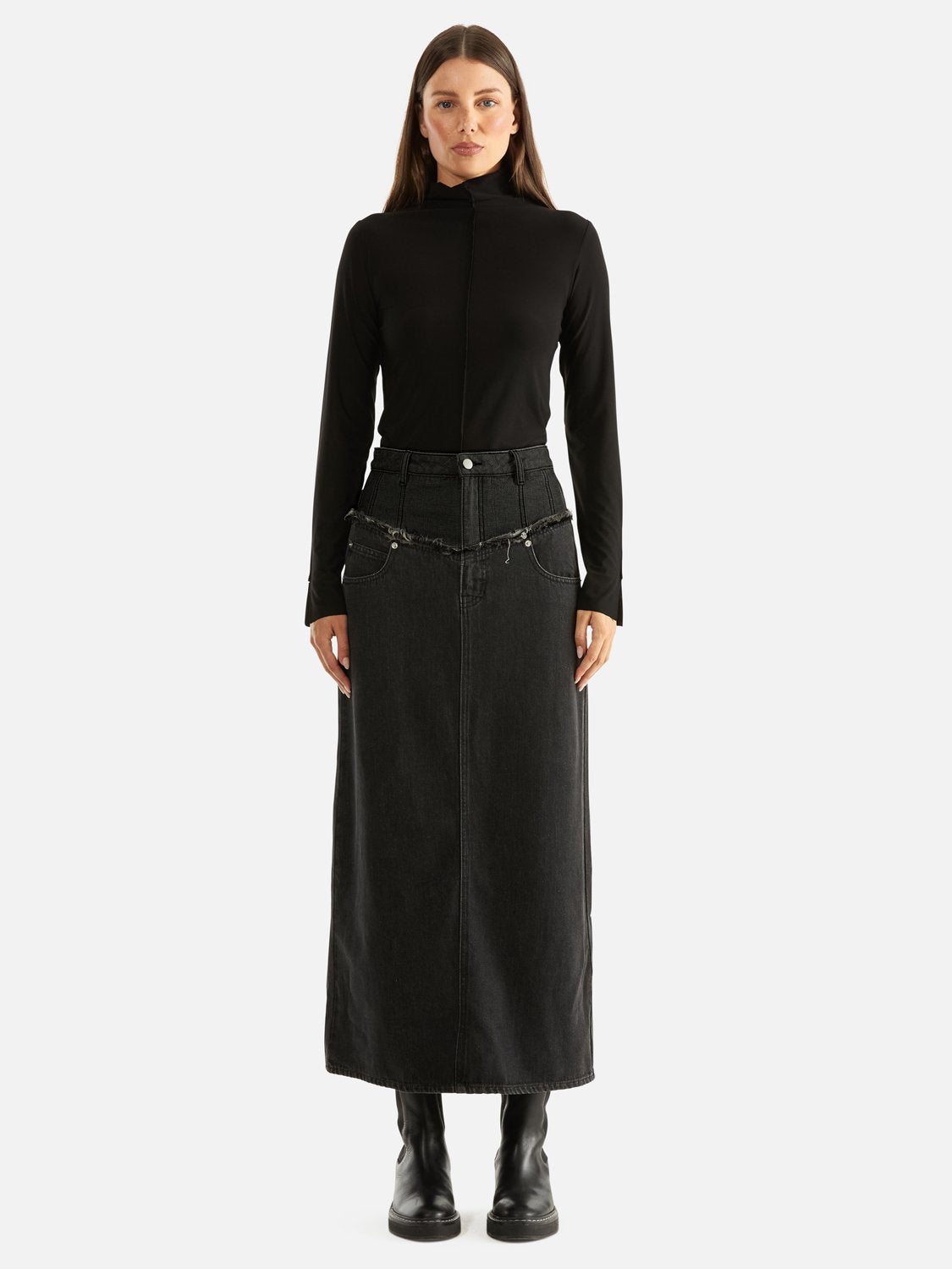Rylie Two Tone Denim Maxi Skirt - Washed Black/ Charcoal
