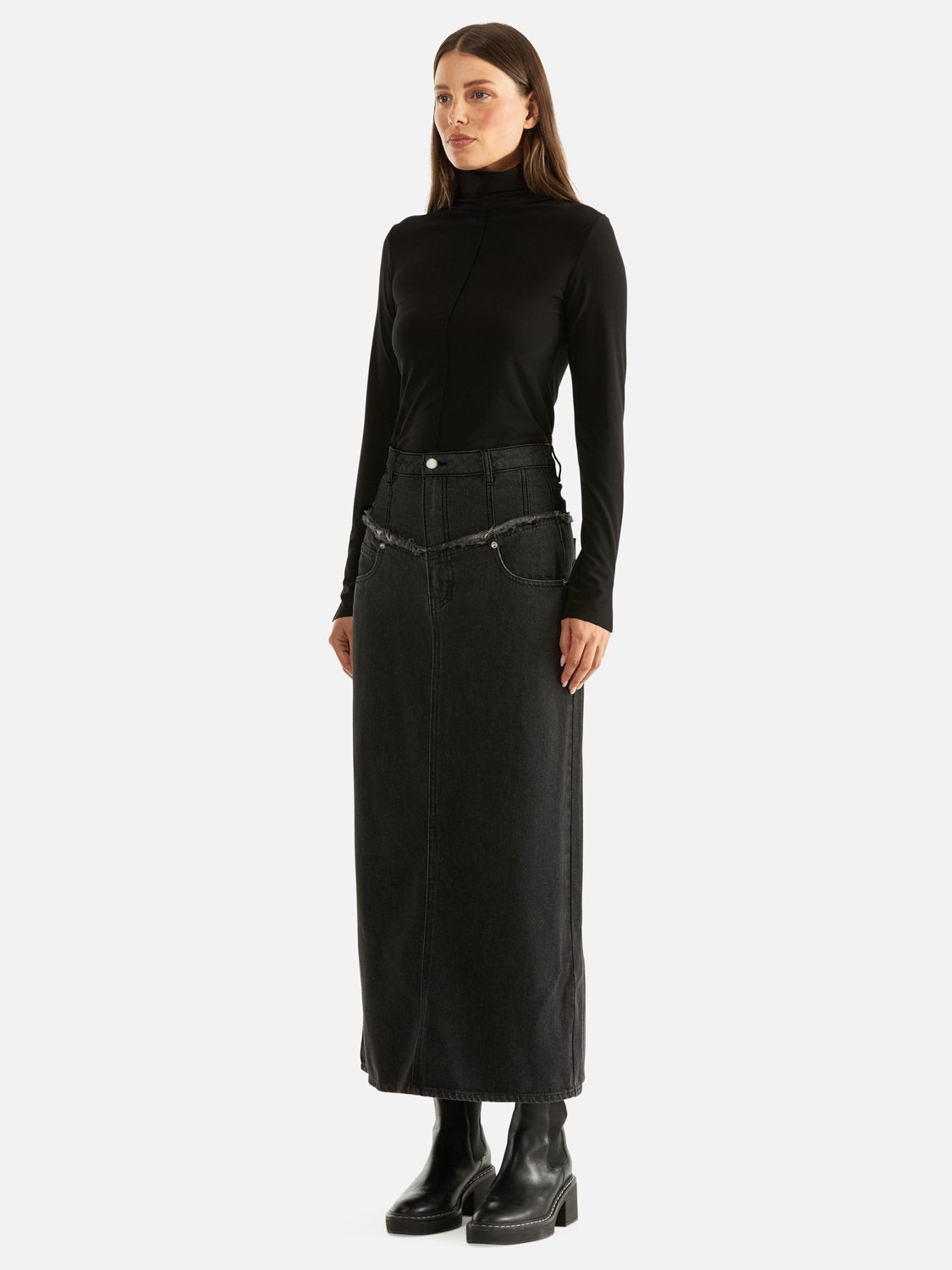 Rylie Two Tone Denim Maxi Skirt - Washed Black/ Charcoal
