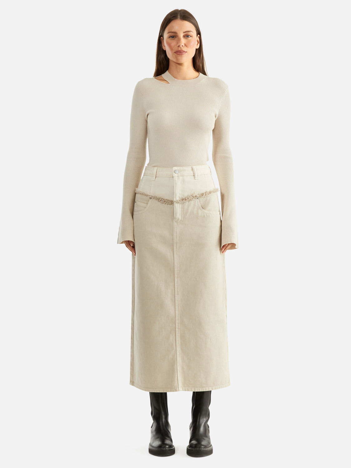 Rylie Two Tone Denim Maxi Skirt - Off White