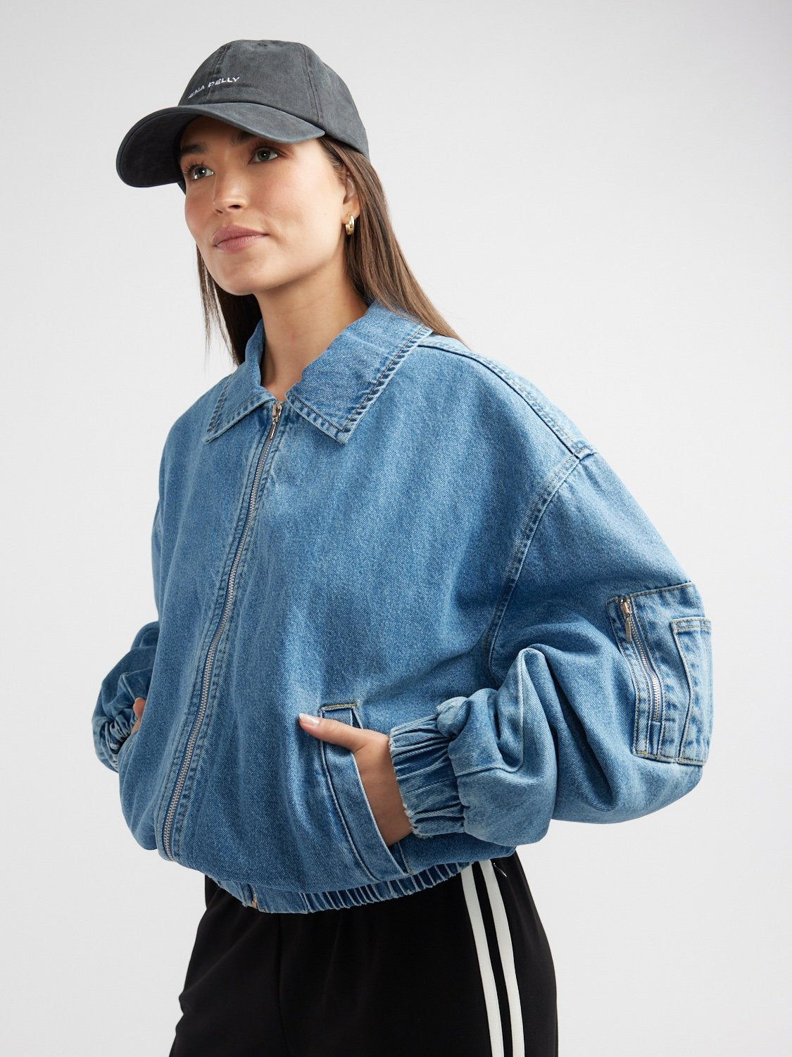 HARLOW DENIM BOMBER - Mid Blue Wash