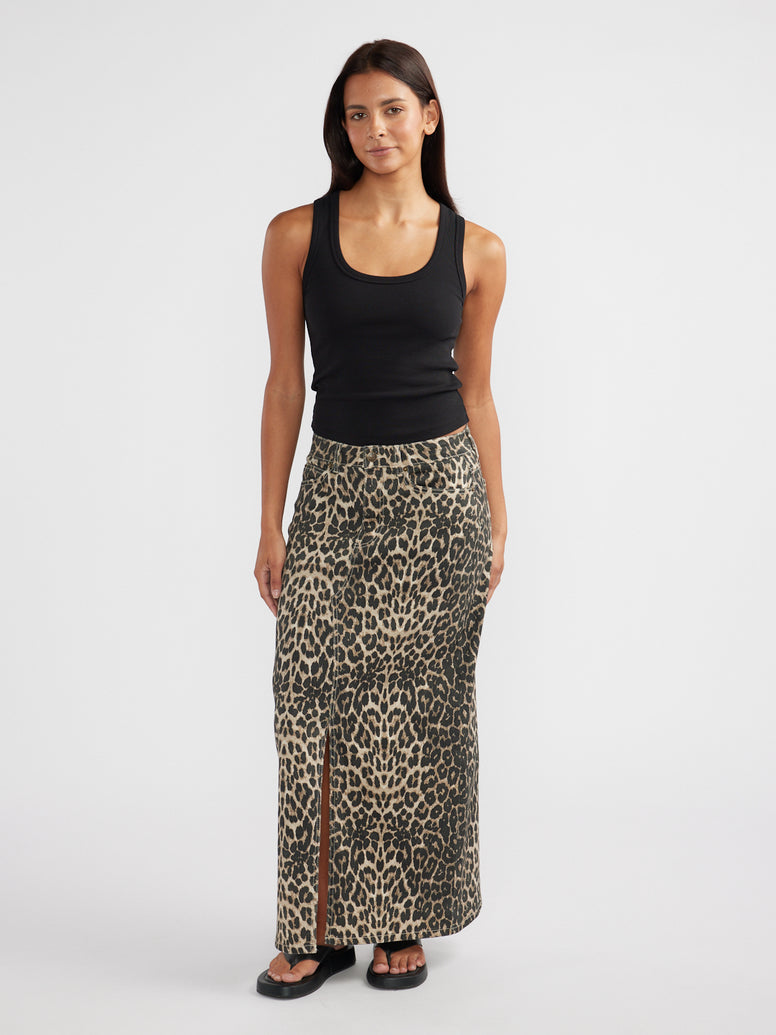 SURI DENIM MAXI SKIRT - Leopard Print