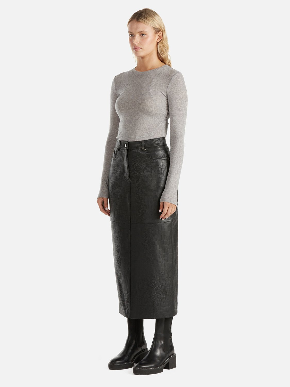 Eden Textured Leather Midi Skirt