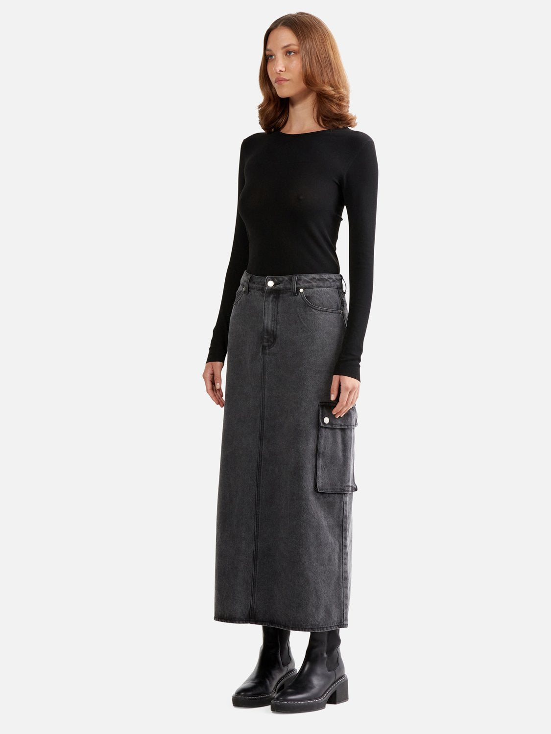 NOVA DENIM CARGO SKIRT - CHARCOAL WASH