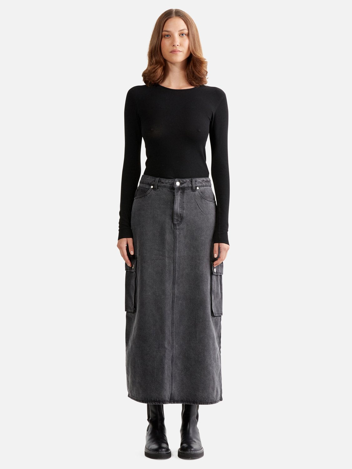 NOVA DENIM CARGO SKIRT - CHARCOAL WASH