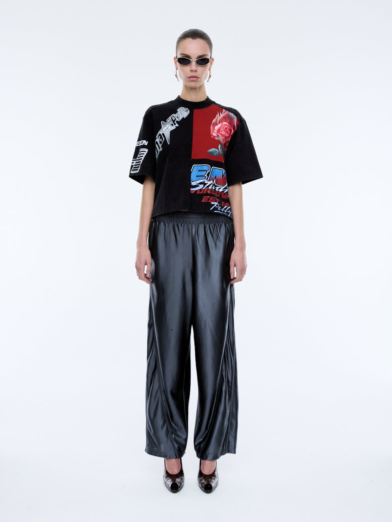 FLAMING ROSE PATCHWORK TEE - Washed Black