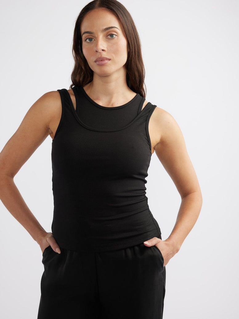 EVIE LAYERED RIB TANK - Black