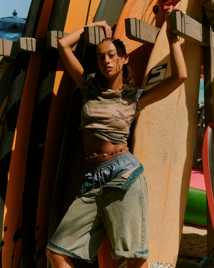 Everyday stripes, camo print and peach wash denim in contemporary silhouettes.