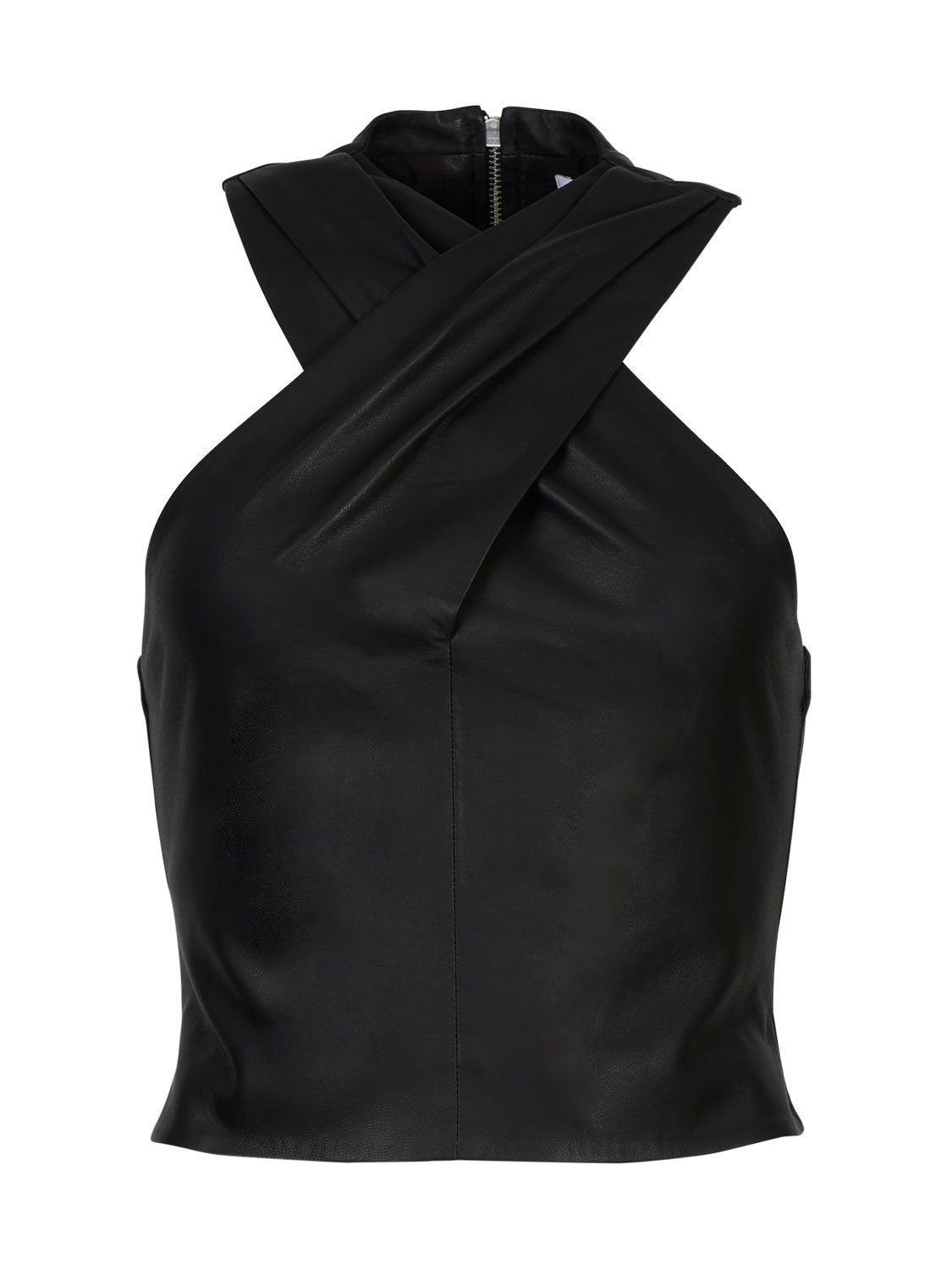 Lewie Leather Wrap Neck Top - Black