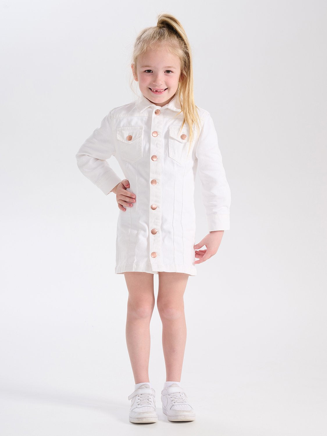 Kids - Monique Long Sleeve Denim Dress - Bright White